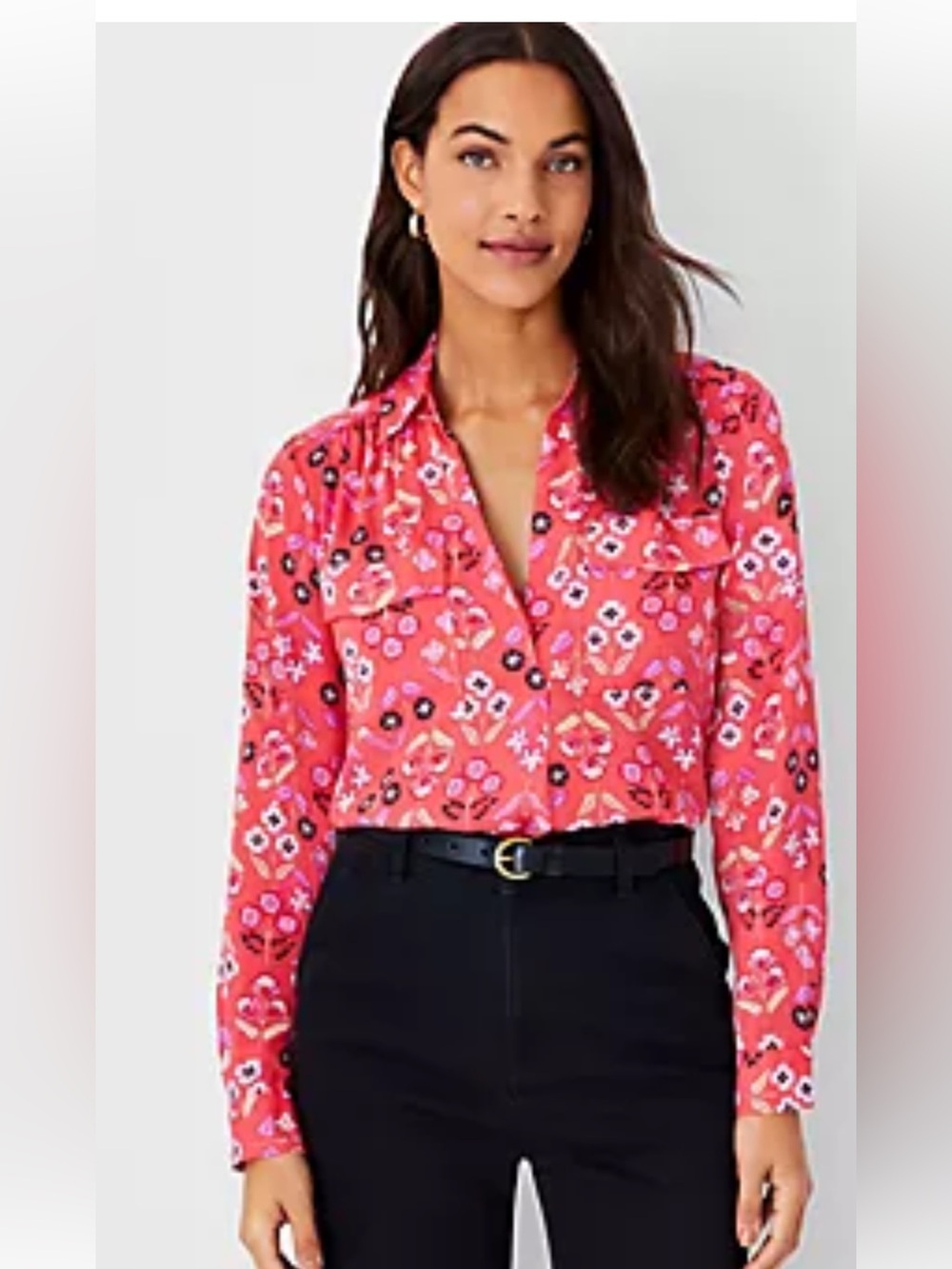 Ann Taylor Deep Coral Floral Flap Pockets Popover Blouse SZ XS